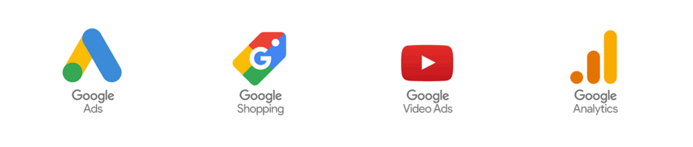 logos of Google Ads, Google Shopping, YouTube and Google Analytics
